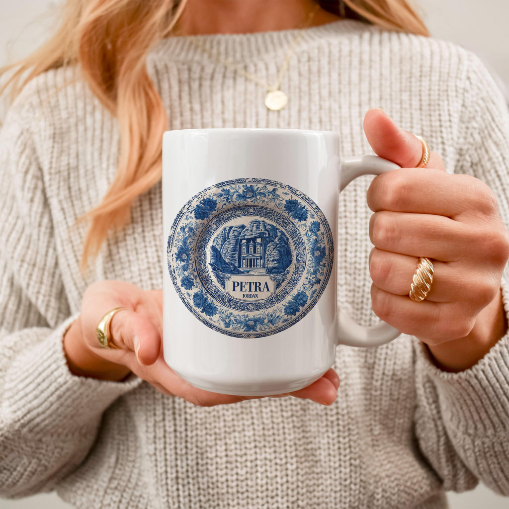Petra Jordan Mug, Custom Delft Style cup, Personalized Vintage Travel City Gift