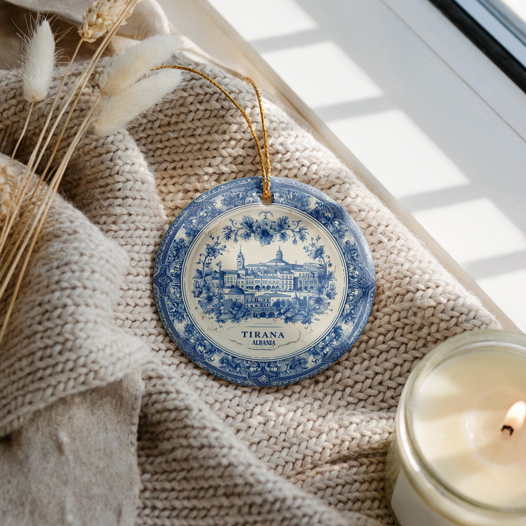 Custom Tirana Albania Ceramic Delft Ornament, Christmas Delftware Blue Delftware city travel