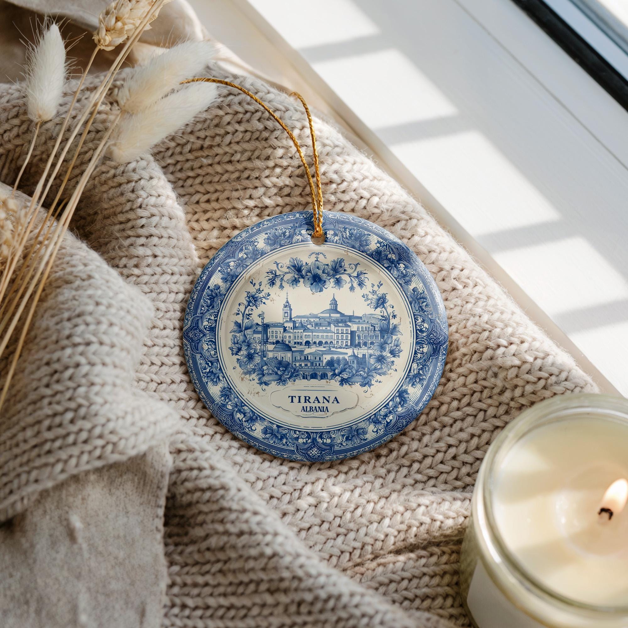 Custom Tirana Albania Ceramic Delft Ornament, Christmas Delftware Blue Delftware city travel