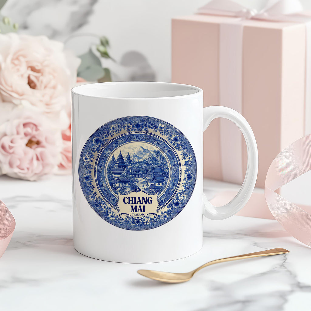 Chiang Mai Thailand Mug, Custom Delft Style cup, Personalized Vintage Travel City Gift