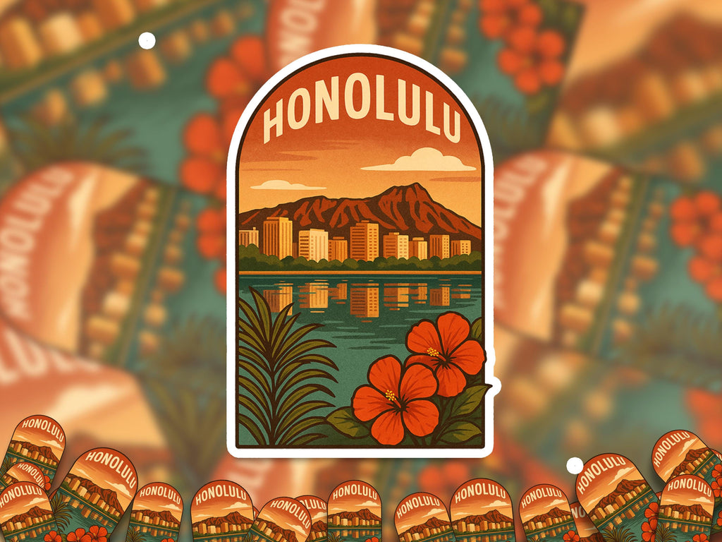Honolulu Hawaii Sticker, Vintage City Vinyl Decal, Retro Travel Lover Collection, Journal Scrapbook