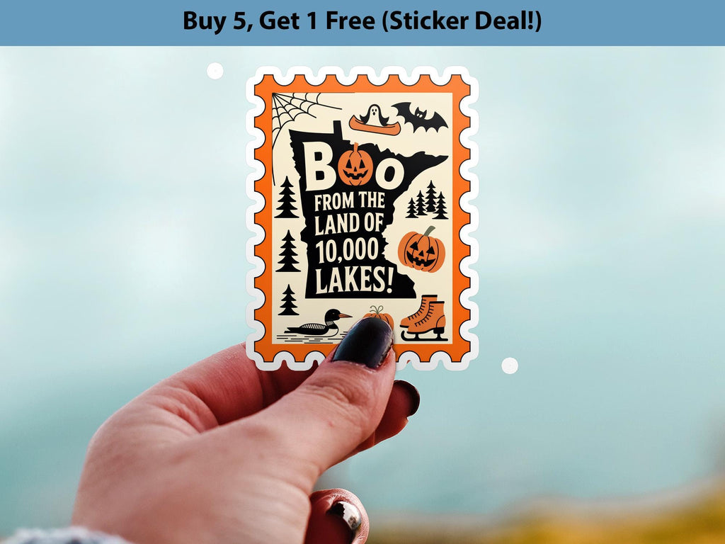 Minnesota Stamp Halloween Sticker, Spooky USA Kiss-Cut Vinyl, Waterproof Decal, United States Travel