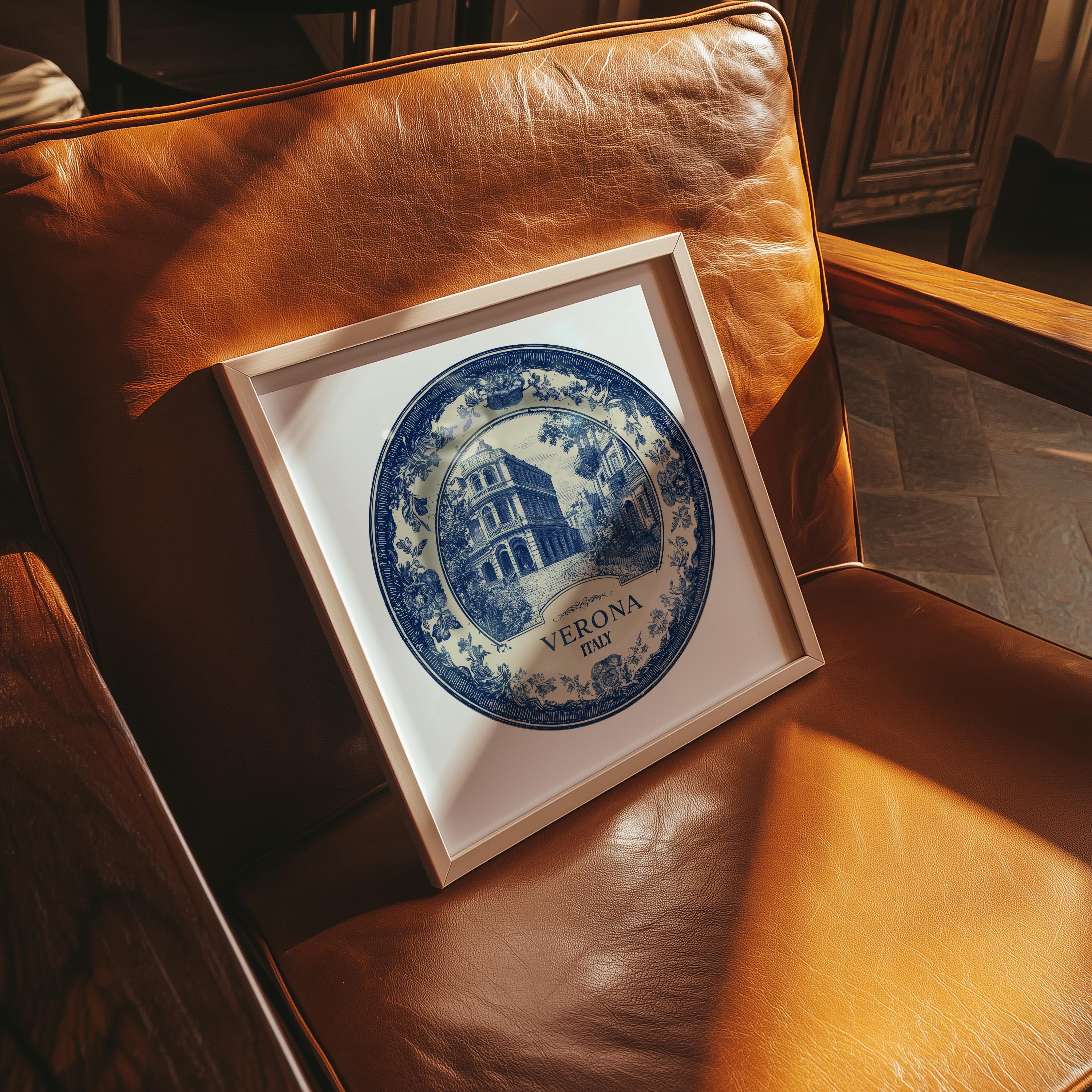 Verona Italy Wall Art, Vintage Delft Blue Poster, City Print, Travel Home Decor