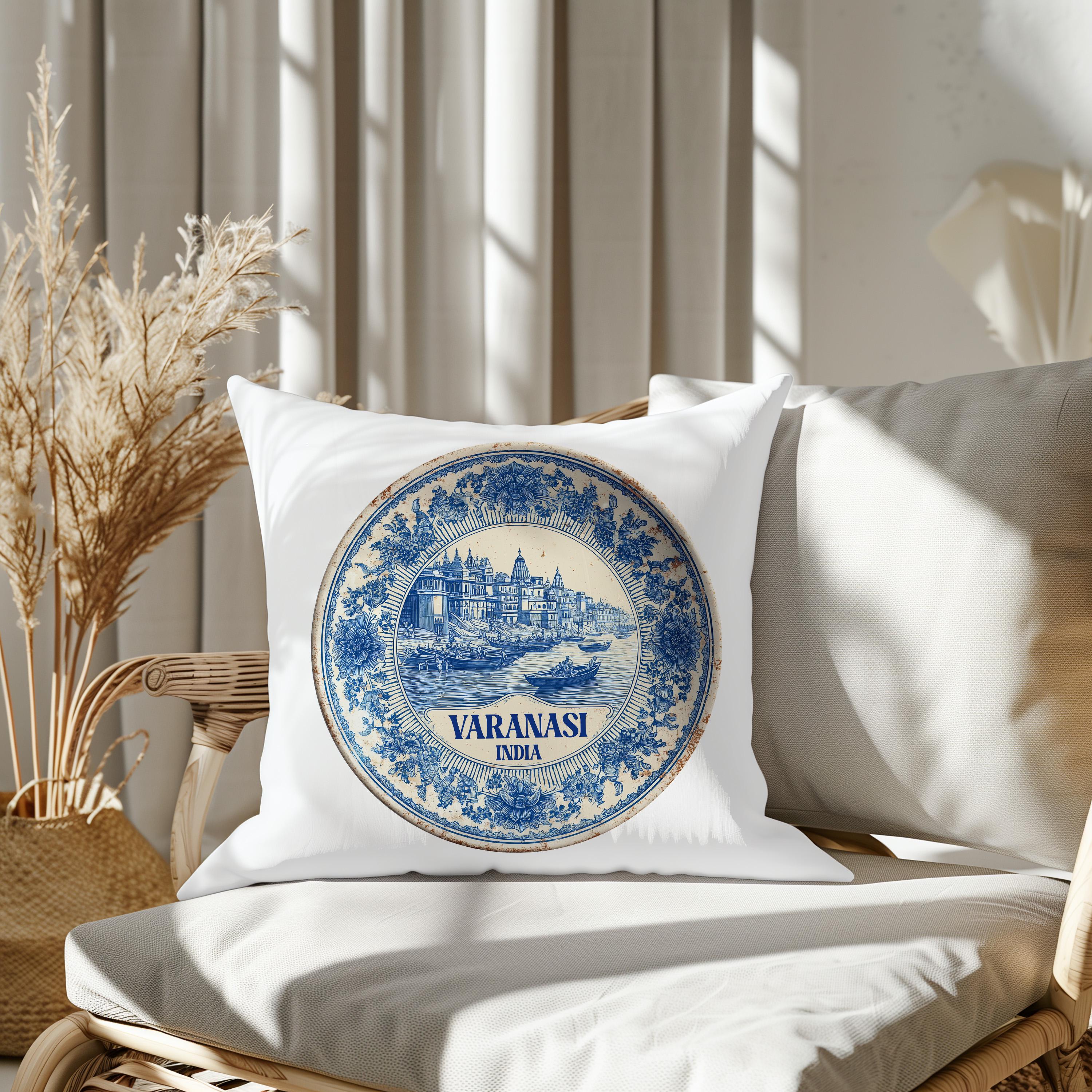 Varanasi India Pillowcase, Delft Style Decorative Throw Pillow, Vintage Cityscape Retro Home Decor