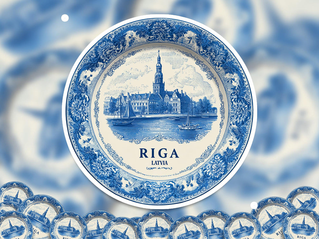 Riga Latvia Sticker Vintage Delft style, Delftware Decal Waterproof Vinyl, Blue City Travel