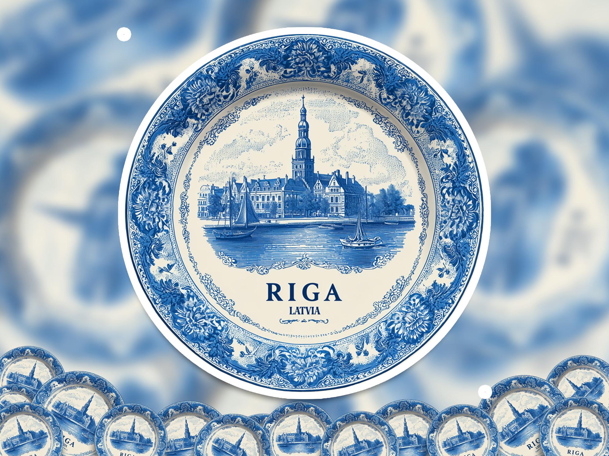 Riga Latvia Sticker Vintage Delft style, Delftware Decal Waterproof Vinyl, Blue City Travel