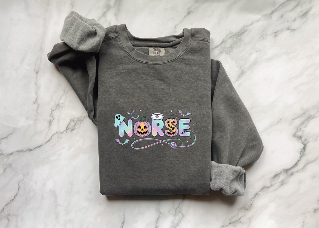 Halloween Nurse Comfort Colors Sweatshirt, Cute RN Crewneck Pullover, Spooky Ghost Pumpkin Candy Letters, Fall Nurse Gift