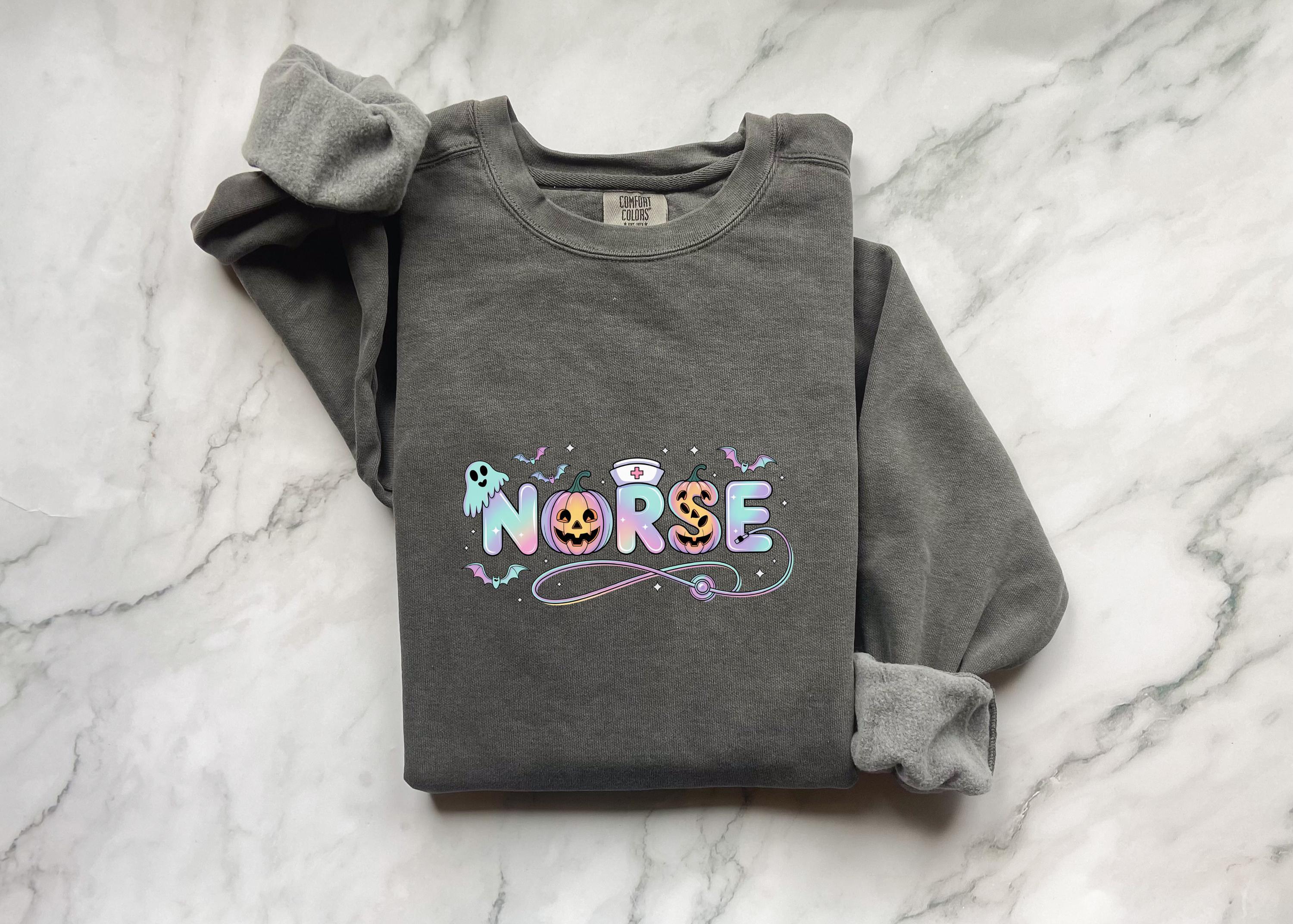 Halloween Nurse Comfort Colors Sweatshirt, Cute RN Crewneck Pullover, Spooky Ghost Pumpkin Candy Letters, Fall Nurse Gift