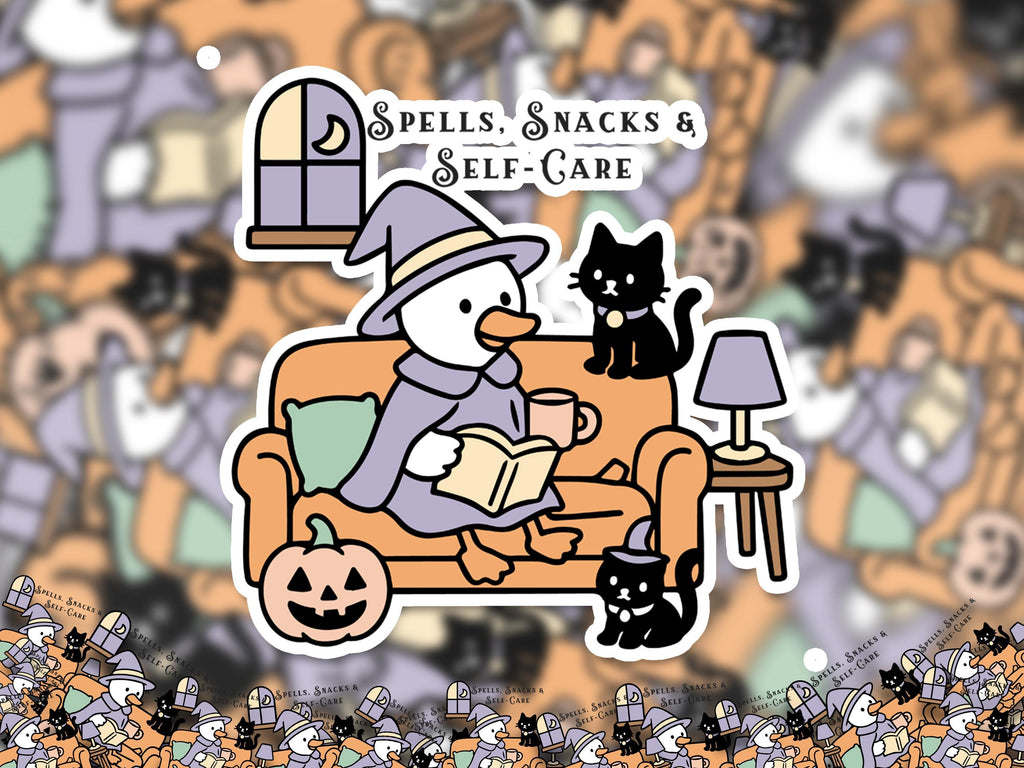 Spells Snacks & Self Care Sticker, Silly Goose Sarcastic Decal, Cute Witch Halloween Vinyl