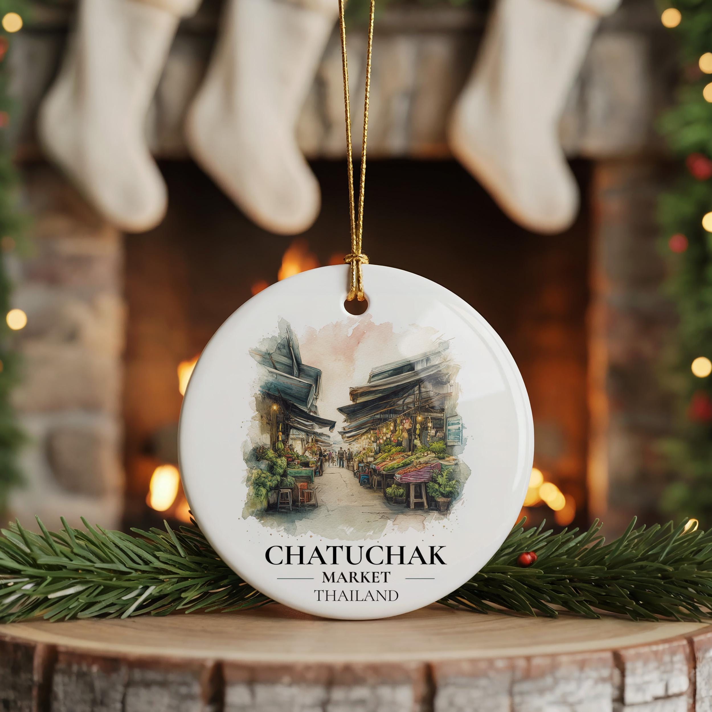 Chatuchak Market Thailand Personalized Watercolor Ornament, Custom Ceramic Christmas gift, Travel Keepsake