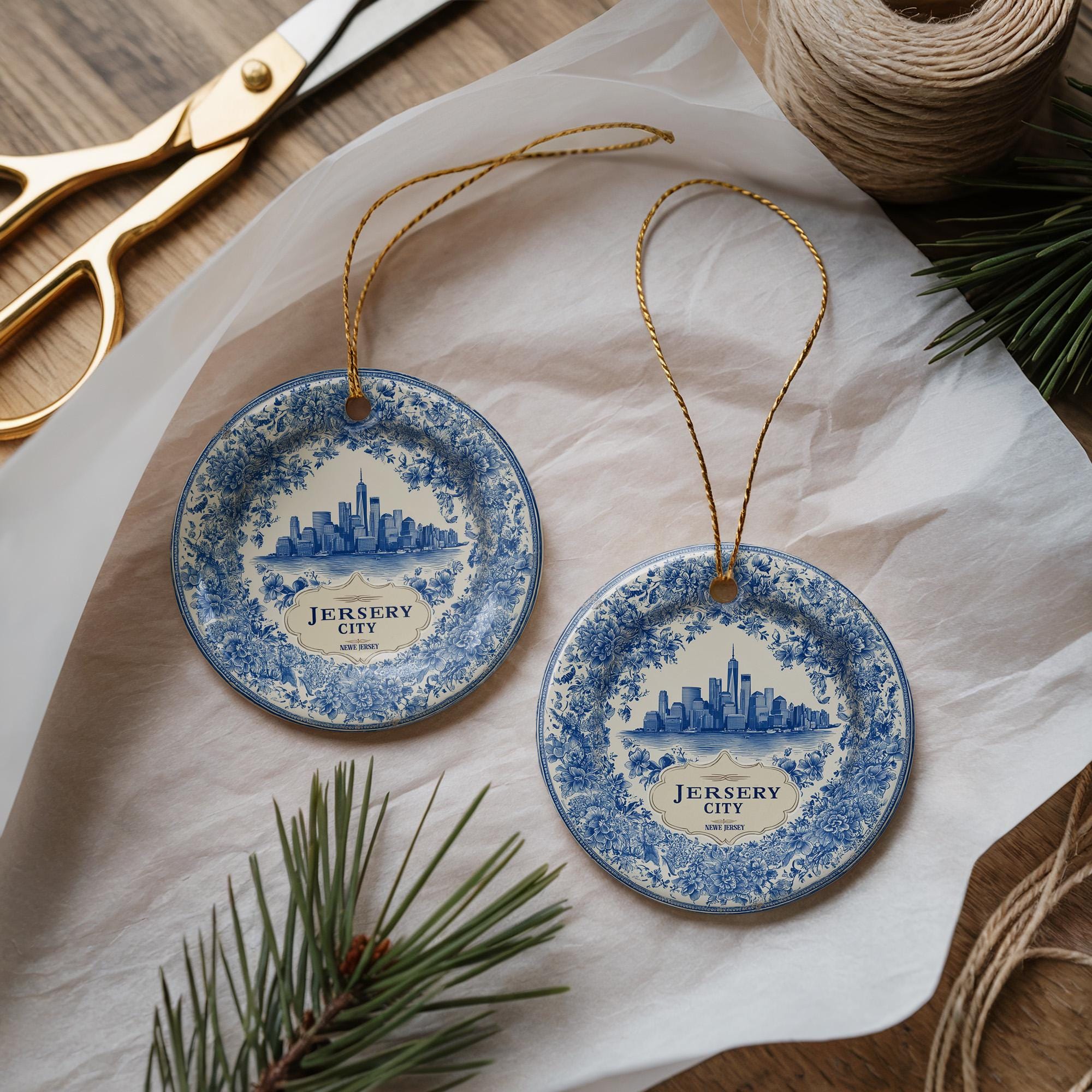 Custom Jersey City Delftware Ceramic Ornament: Double-Sided City Travel Keepsake
