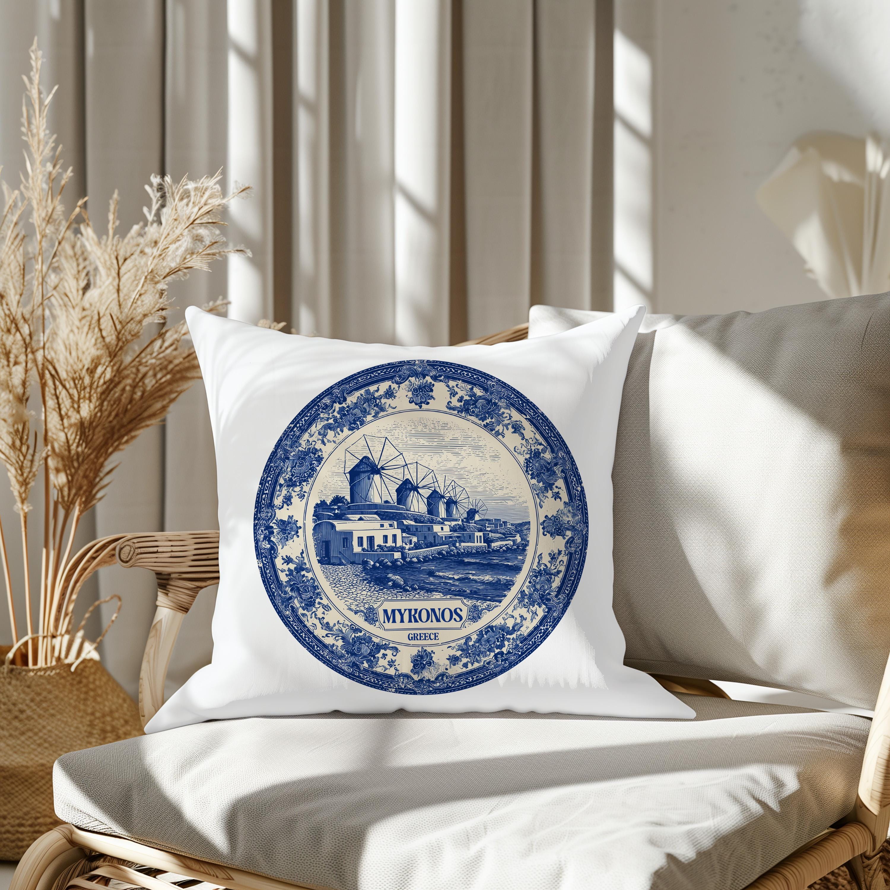 Mykonos Greece Pillowcase, Delft Style Decorative Throw Pillow, Vintage Cityscape Retro Home Decor