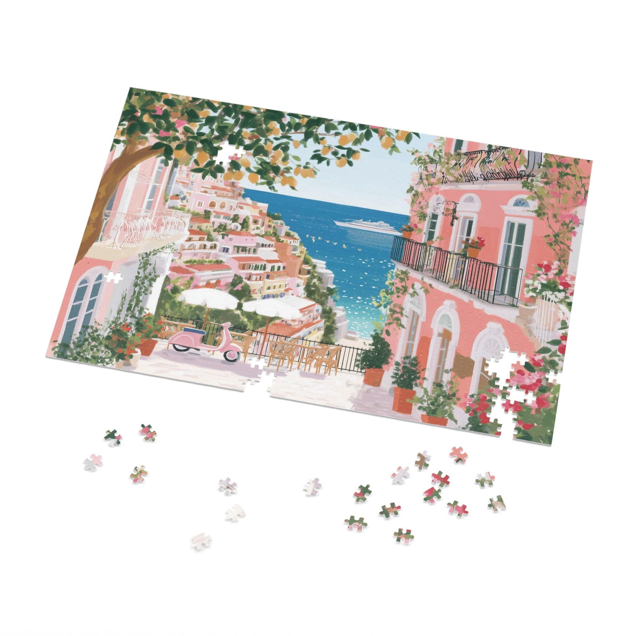 Amalfi Coast Spring Jigsaw Puzzle, Floral Adult Puzzle Italy Travel Gift