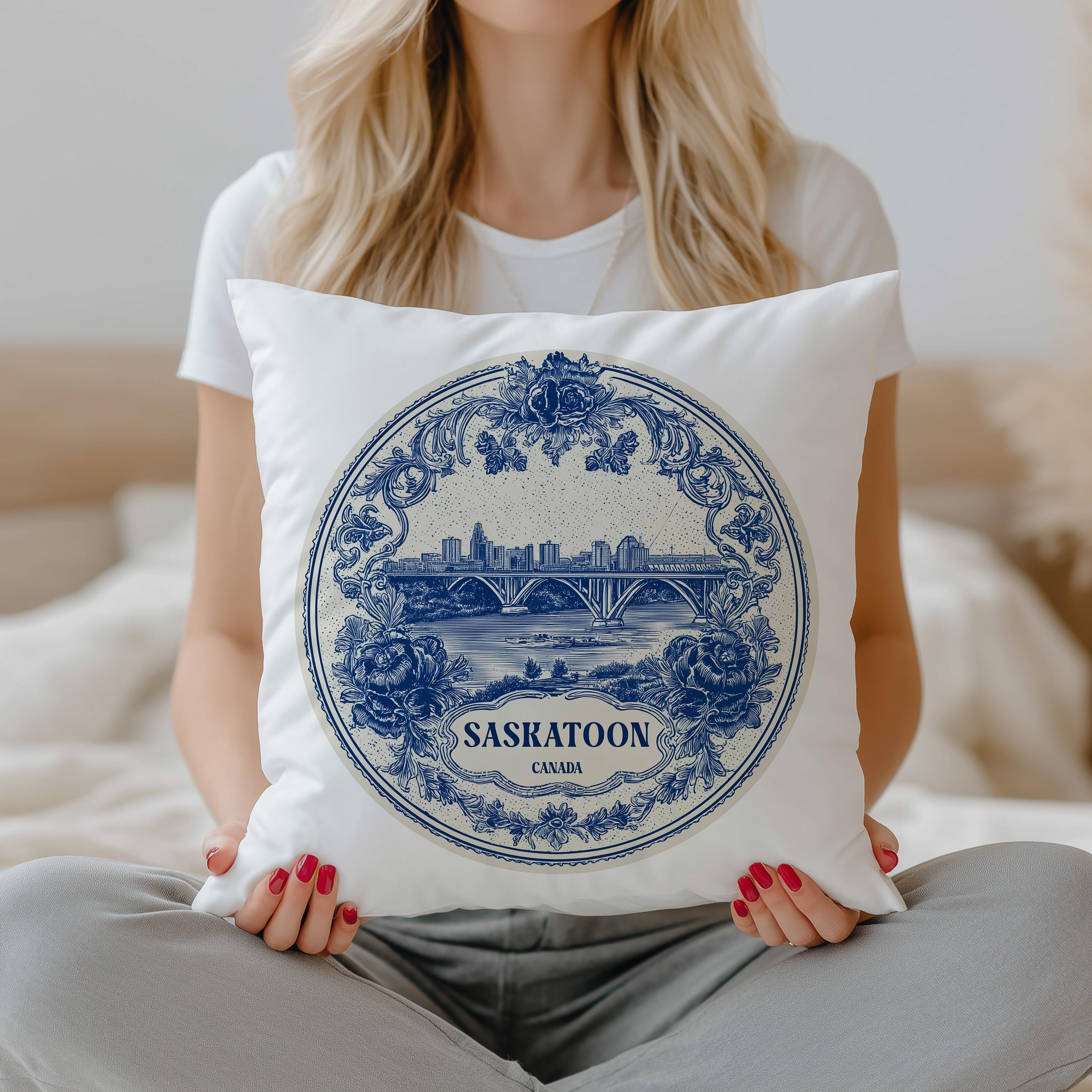 Saskatoon Canada Pillowcase, Delft Style Decorative Throw Pillow, Vintage Cityscape Retro Home Decor