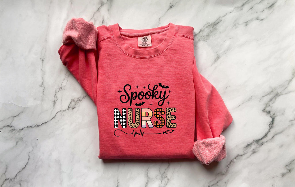 Spooky Nurse Halloween Sweatshirt, Spooky RN Fall Top Cozy Autumn Pullover, Cute Retro Gift for Nurse health worker
