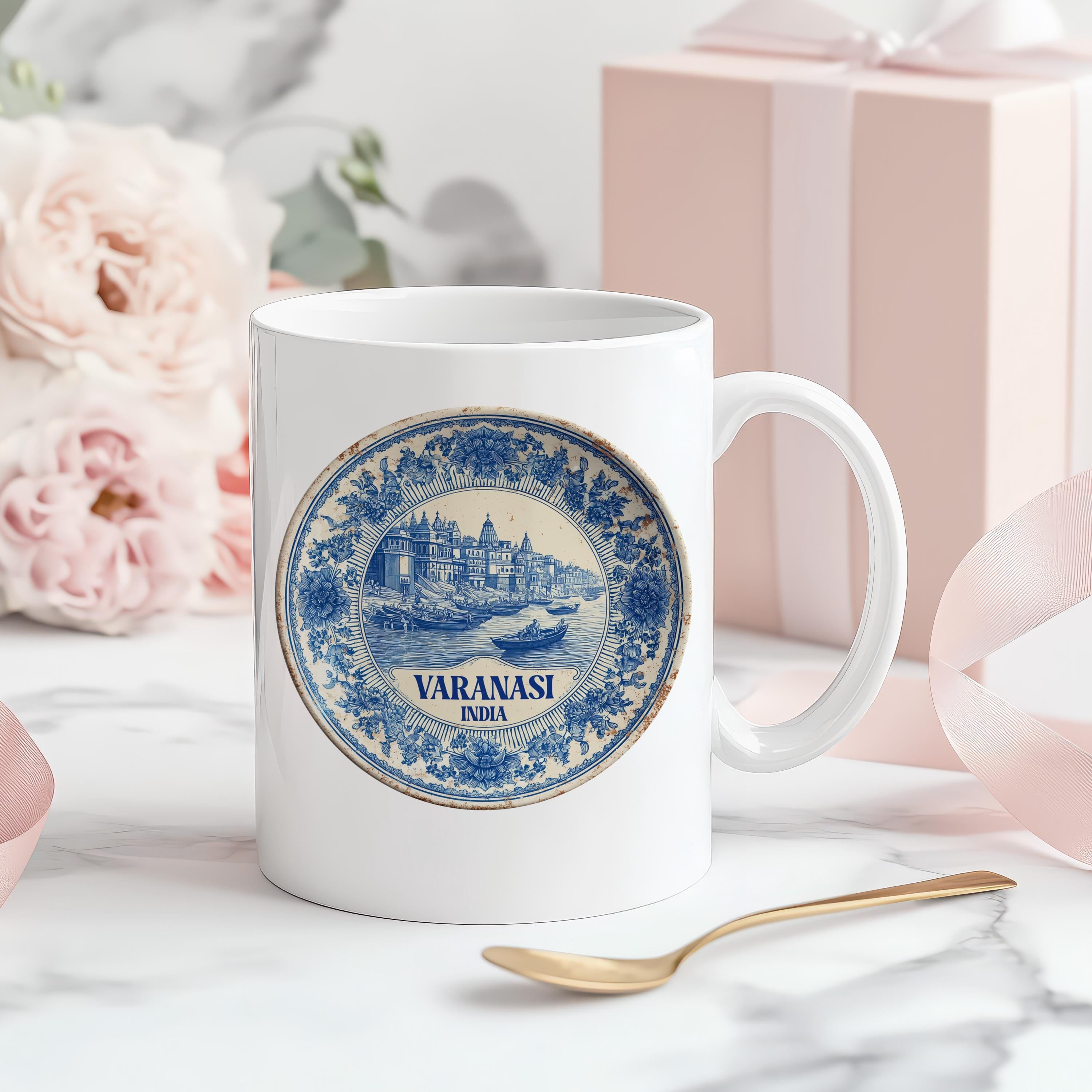 Varanasi India Mug, Custom Delft Style cup, Personalized Vintage Travel City Gift