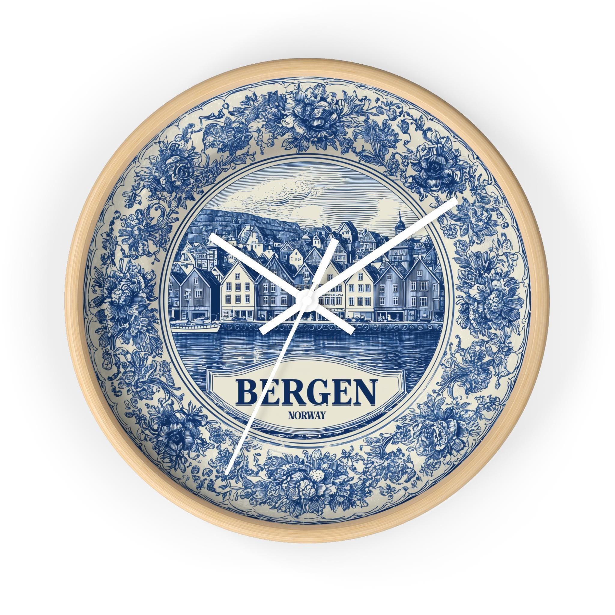 Bergen Norway Wall Clock, Delf style Home Decor, Vintage City Travel Keepsake Art