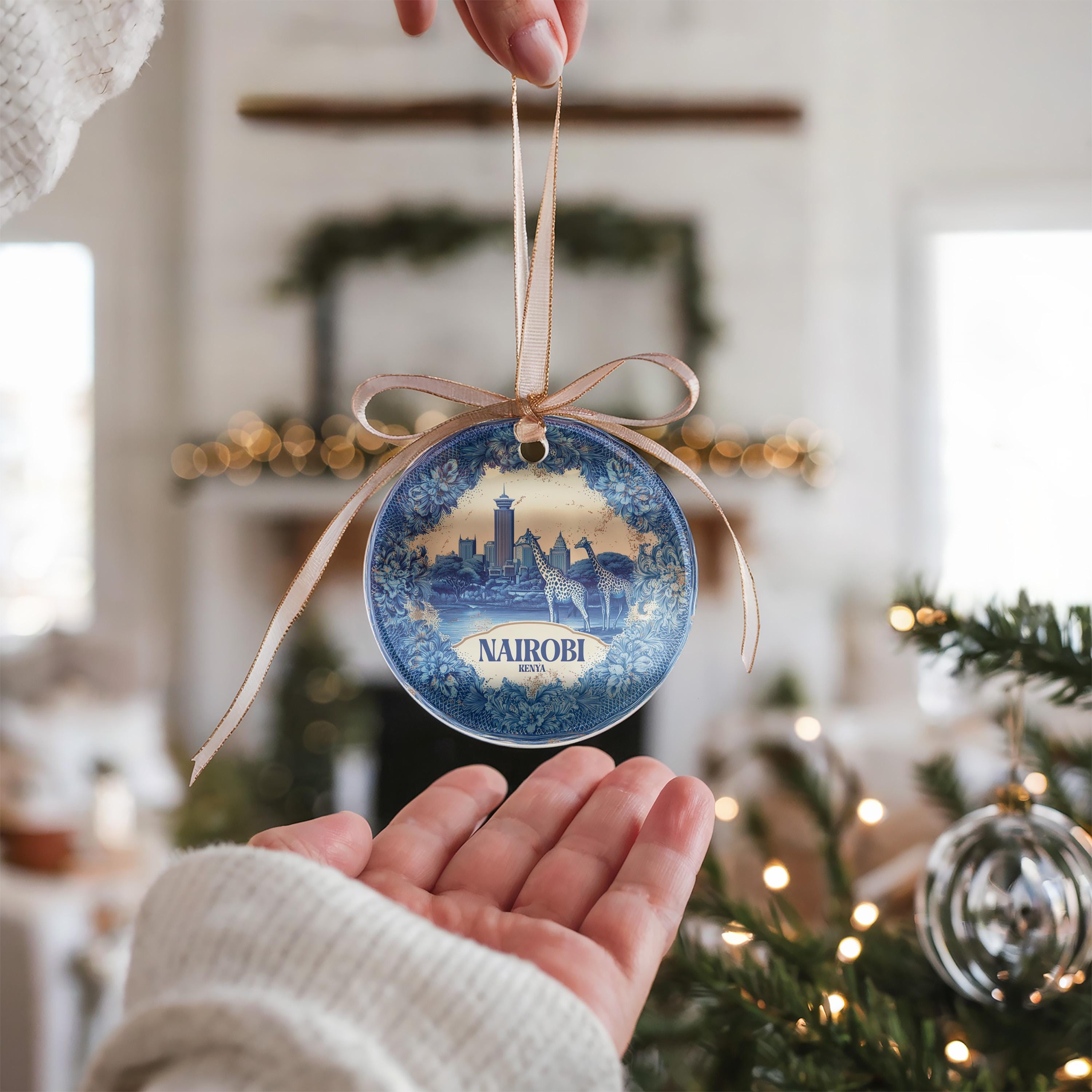 Custom Nairobi Kenya Ceramic Delft Ornament, Christmas Delftware Blue Delftware city travel