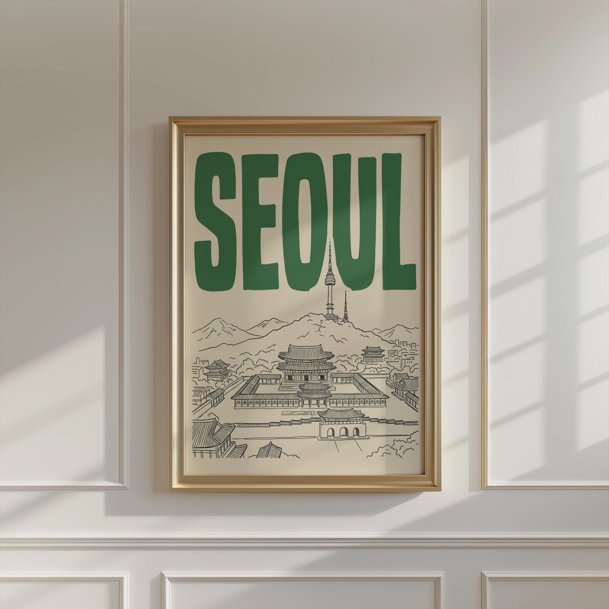 Seoul South Korea Wall Art, Framed Canvas Print, Retro Travel Decor