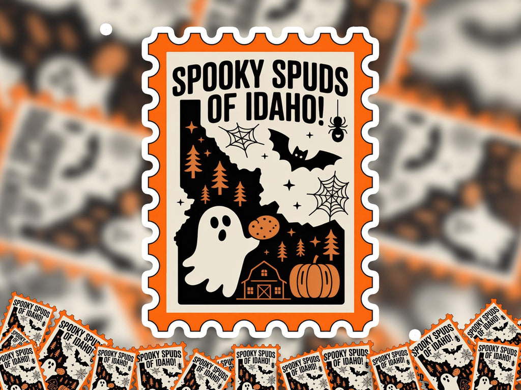 Idaho Stamp Halloween Sticker, Spooky USA Kiss-Cut Vinyl, Waterproof Decal, United States Travel
