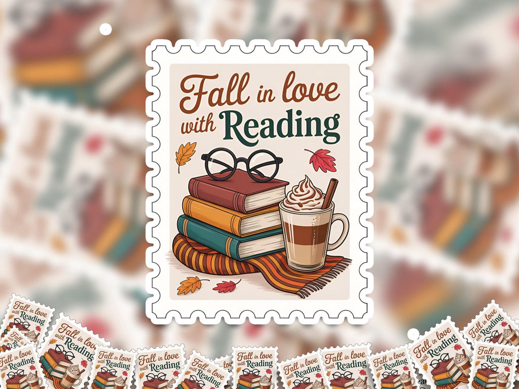 Fall in Love with Reading Stamp Sticker, Spooky Halloween Waterproof Decal for tumbler, kindle