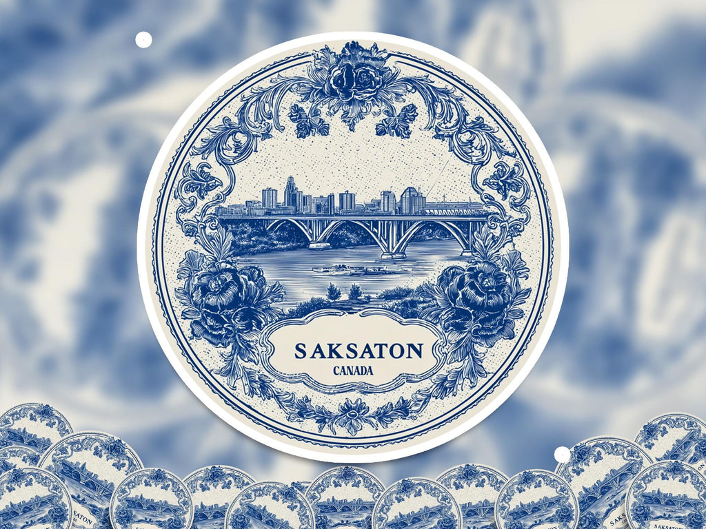 Saskatoon Canada Sticker Vintage Delft style, Delftware Decal Waterproof Vinyl, Blue City Travel
