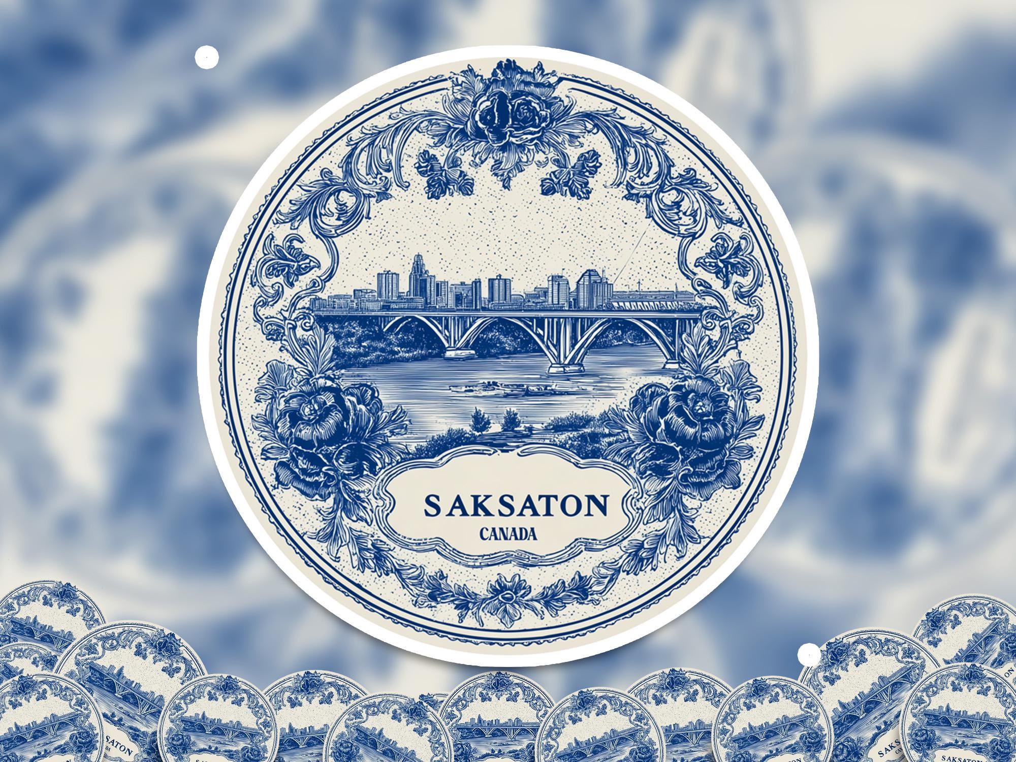 Saskatoon Canada Sticker Vintage Delft style, Delftware Decal Waterproof Vinyl, Blue City Travel