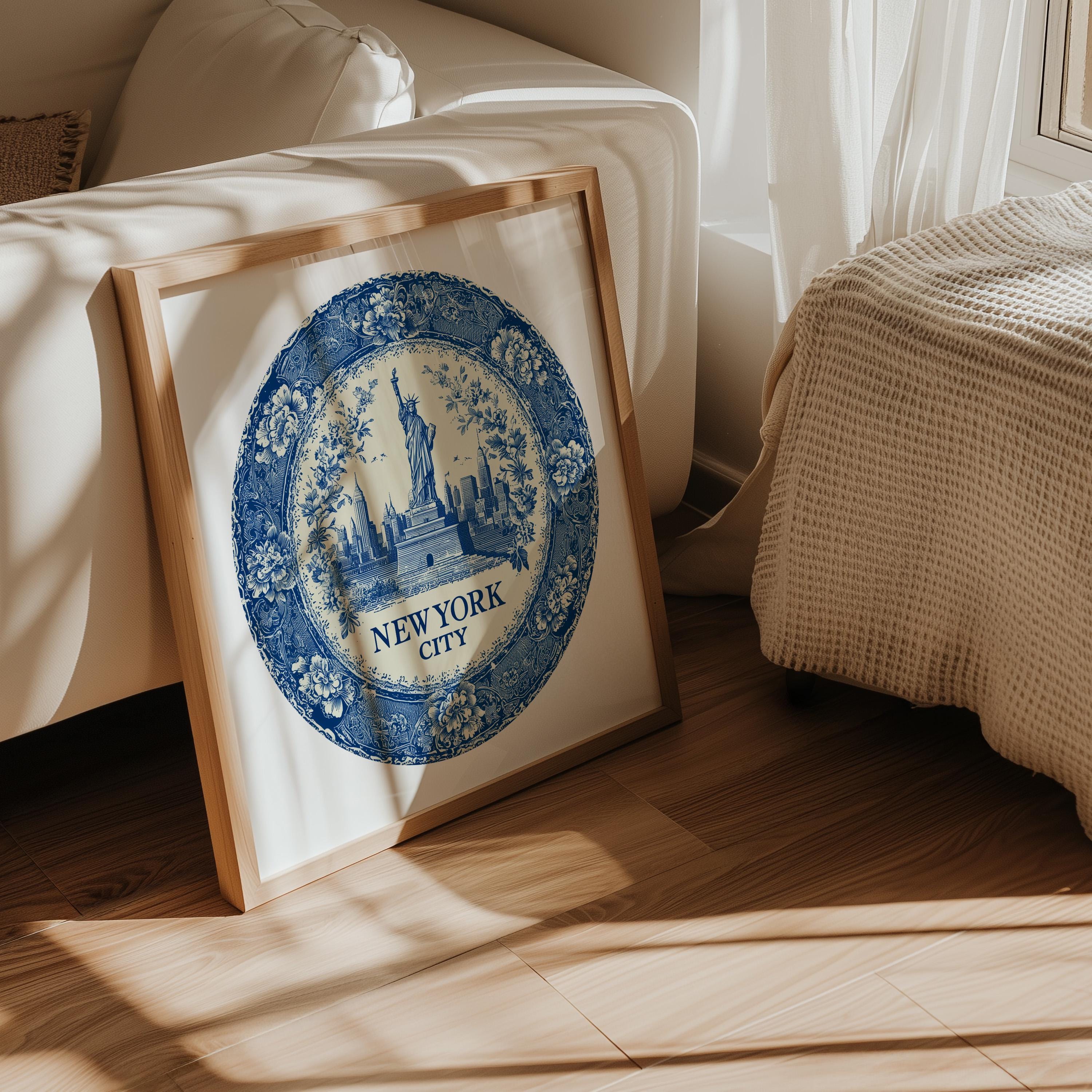 New York City Wall Art, Vintage Delft Blue Poster, City Print, Travel Home Decor