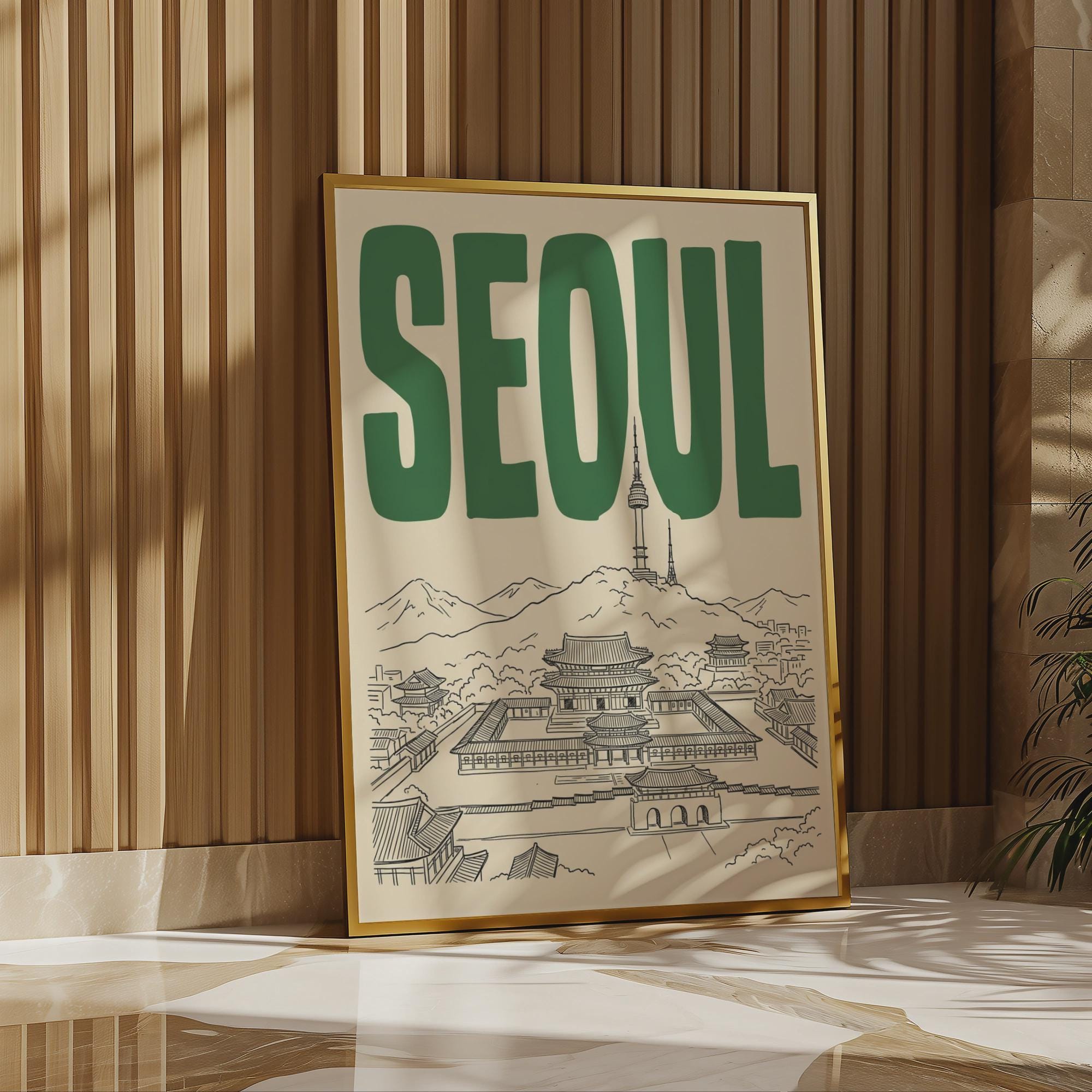 Seoul South Korea Wall Art, Framed Canvas Print, Retro Travel Decor