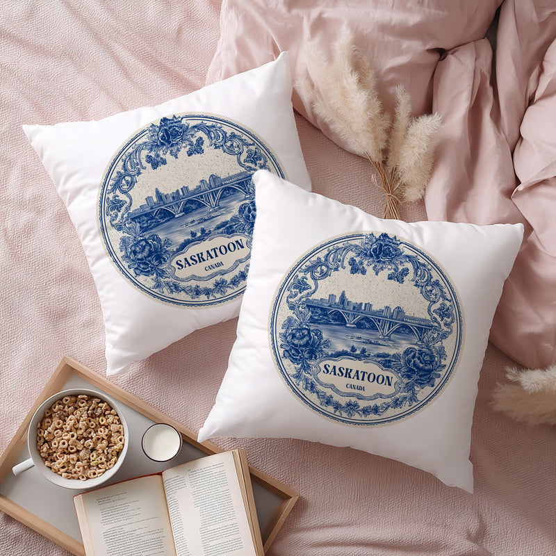 Saskatoon Canada Pillowcase, Delft Style Decorative Throw Pillow, Vintage Cityscape Retro Home Decor