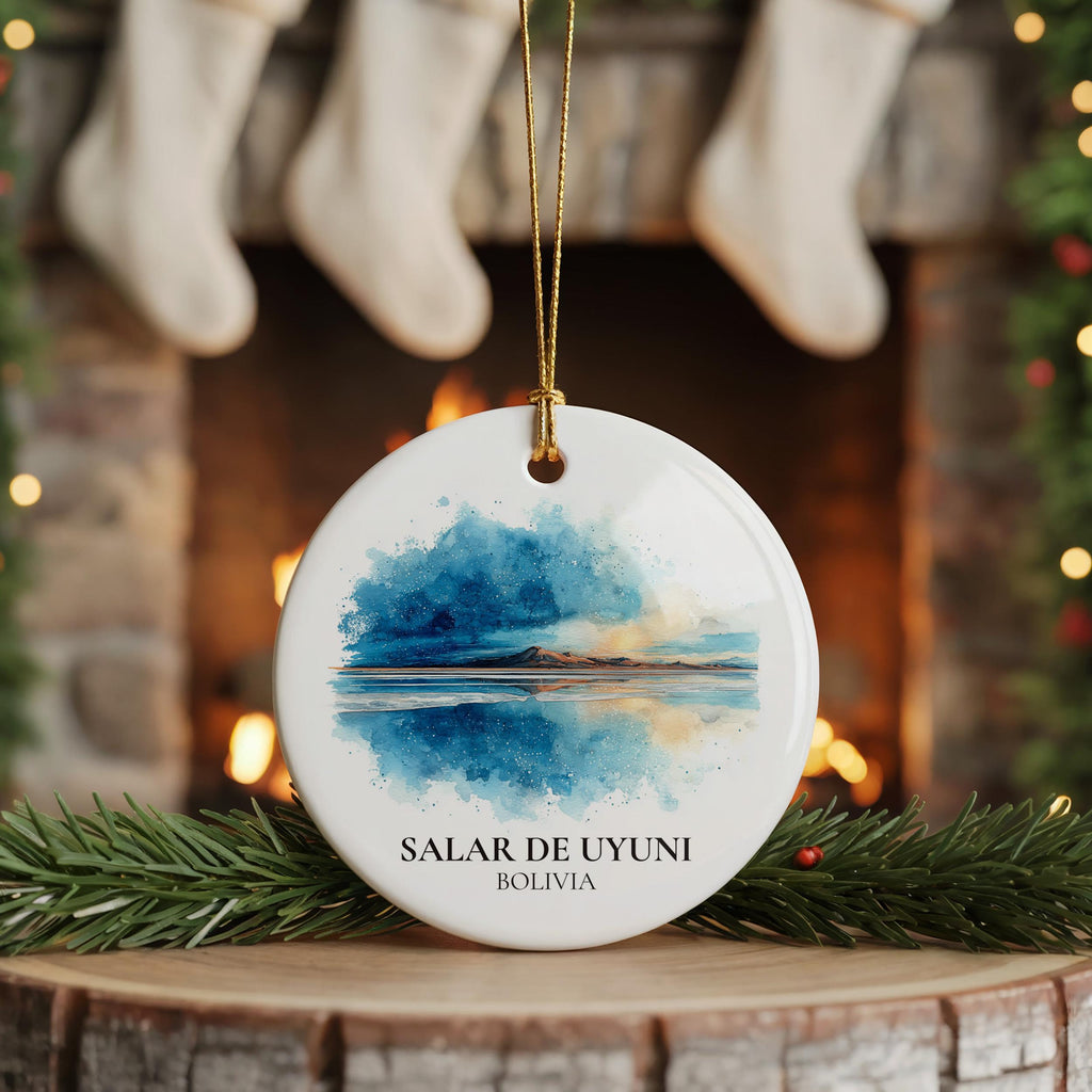 Salar de Uyuni Bolivia Personalized Watercolor Ornament, Custom Ceramic Christmas gift, Travel Keepsake