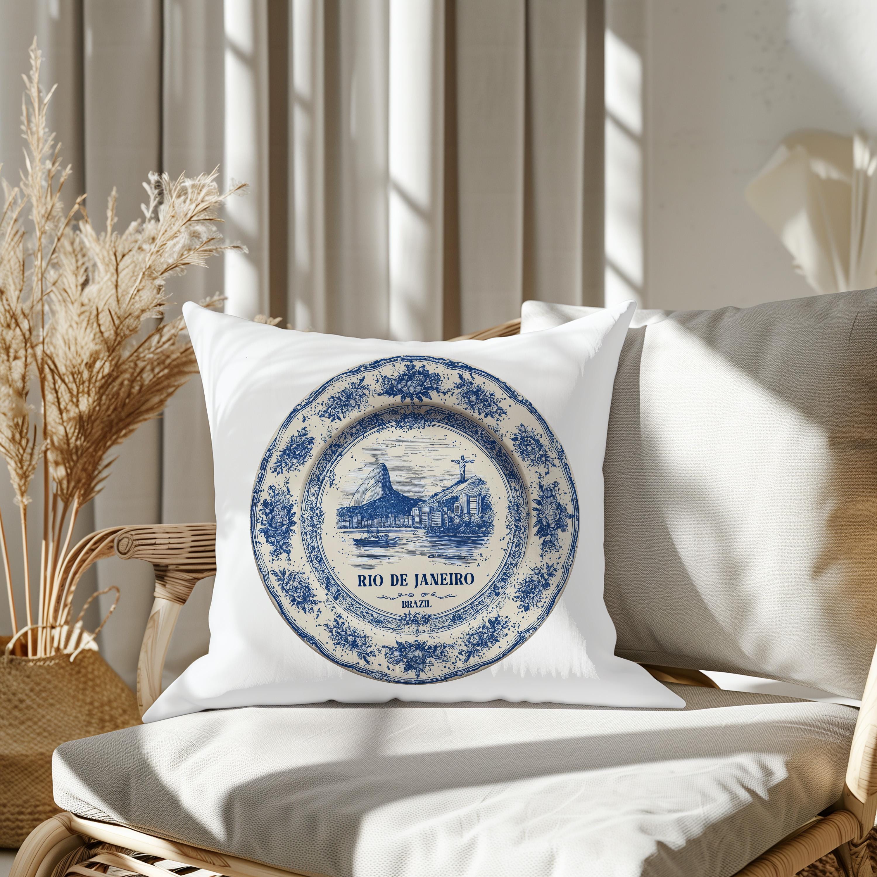 Rio Brazil Pillowcase, Delft Style Decorative Throw Pillow, Vintage Cityscape Retro Home Decor