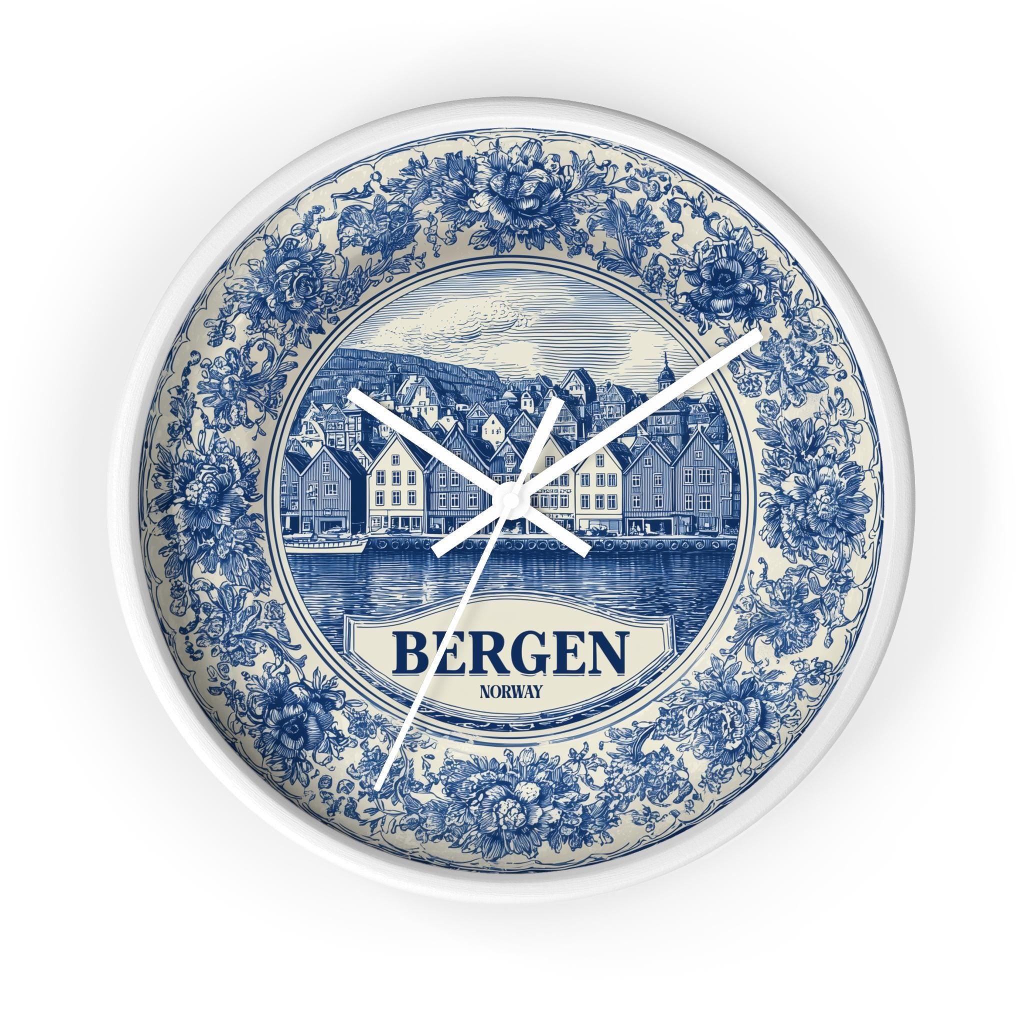 Bergen Norway Wall Clock, Delf style Home Decor, Vintage City Travel Keepsake Art