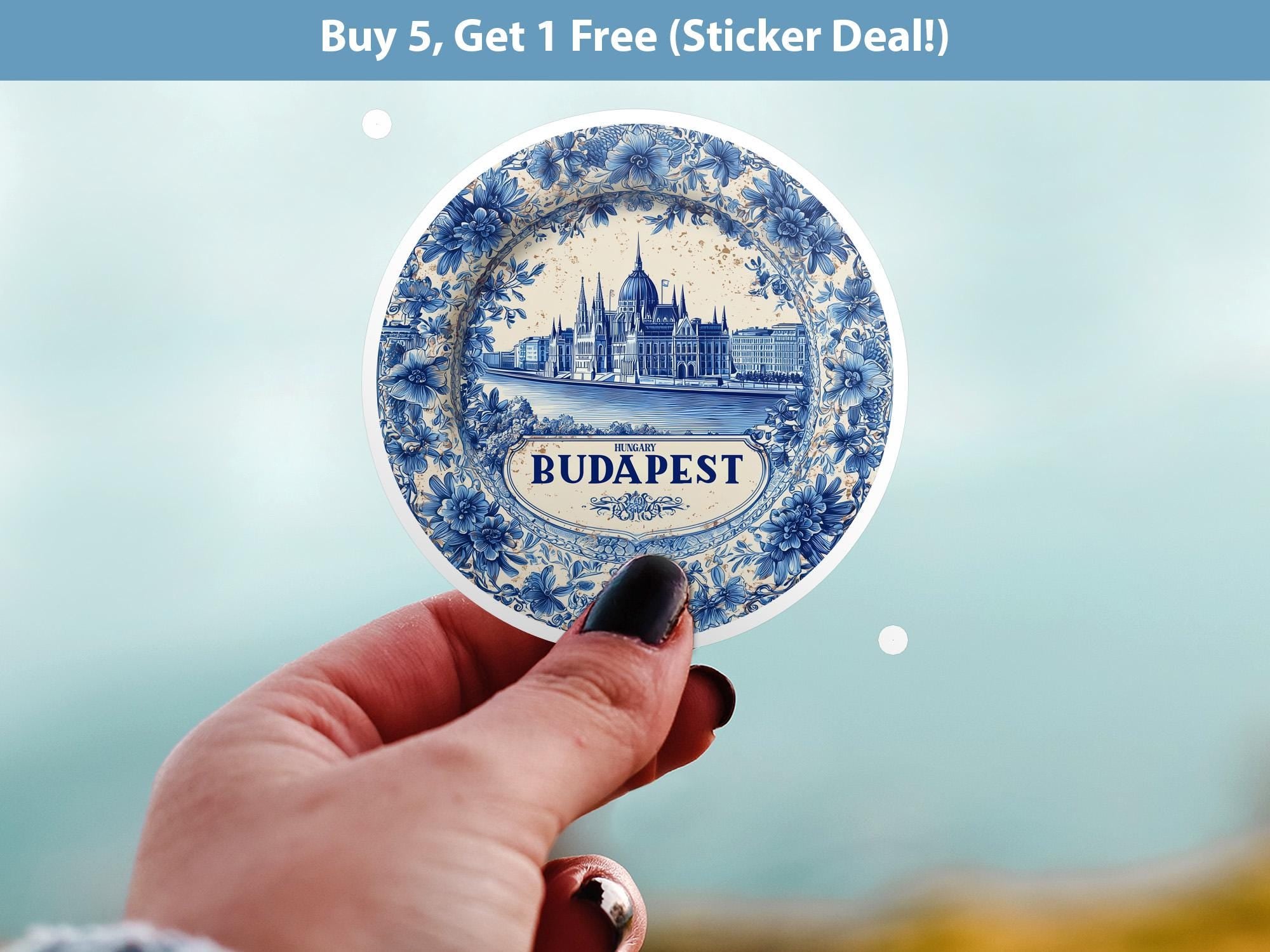 Budapest Hungary Sticker Vintage Delft style, Delftware Decal Waterproof Vinyl, Blue City Travel