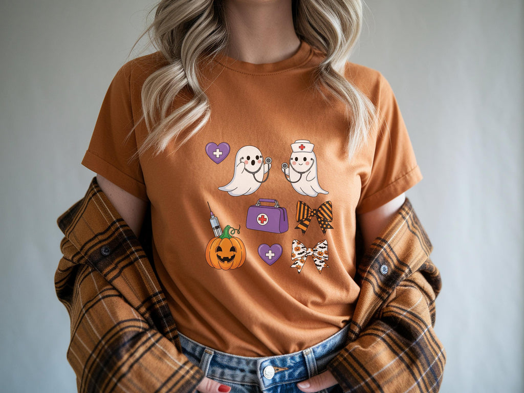 Halloween Nurse Shirt, Cute Ghost RN Tee with Pumpkin and Bows, Spooky Fall Medical Funny Trick or Treat Outfit, Gift for Nurse, ER Crew