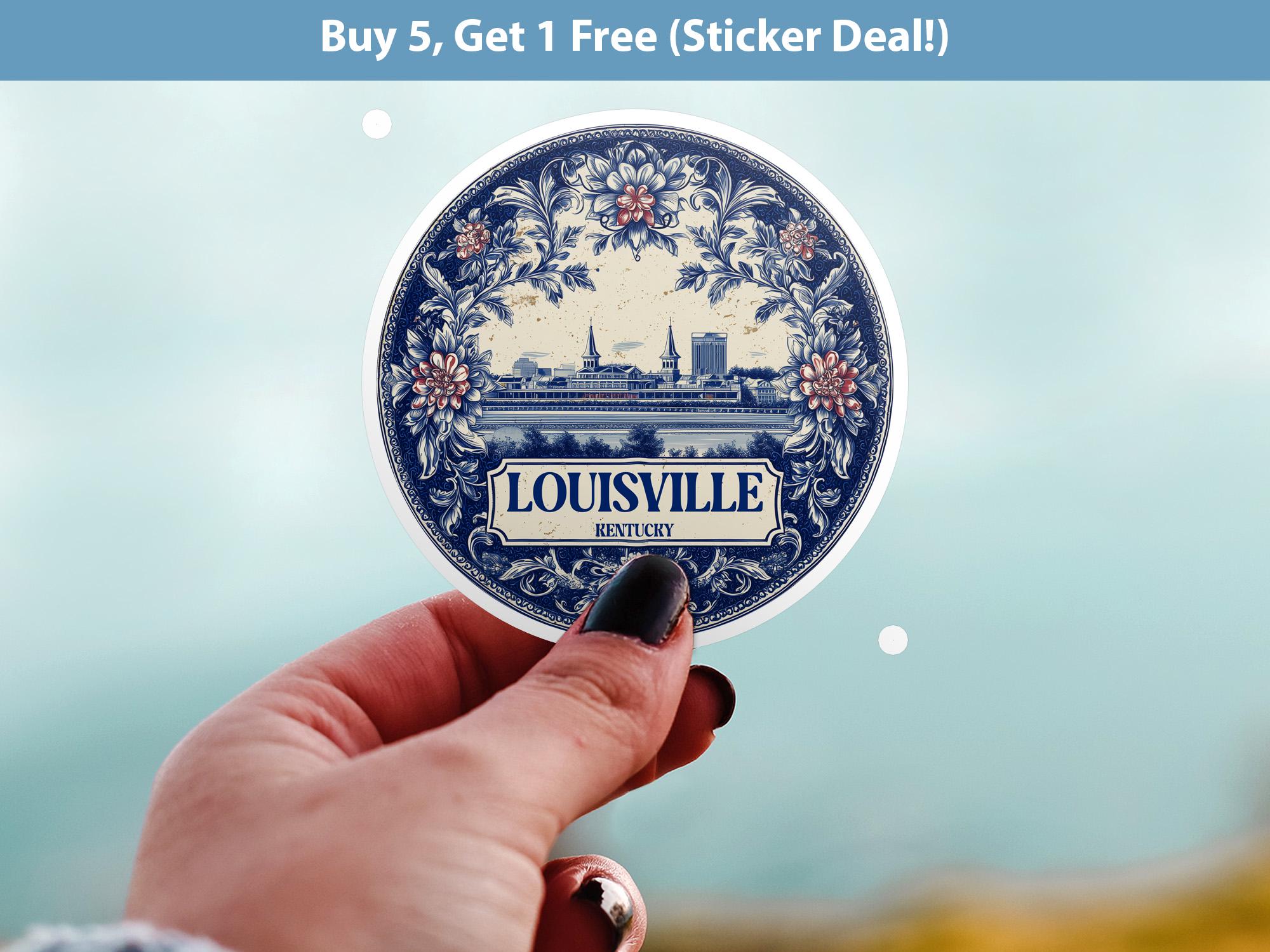 Louisville Kentucky Sticker Vintage Delft style, Delftware Decal Waterproof Vinyl, Blue City Travel