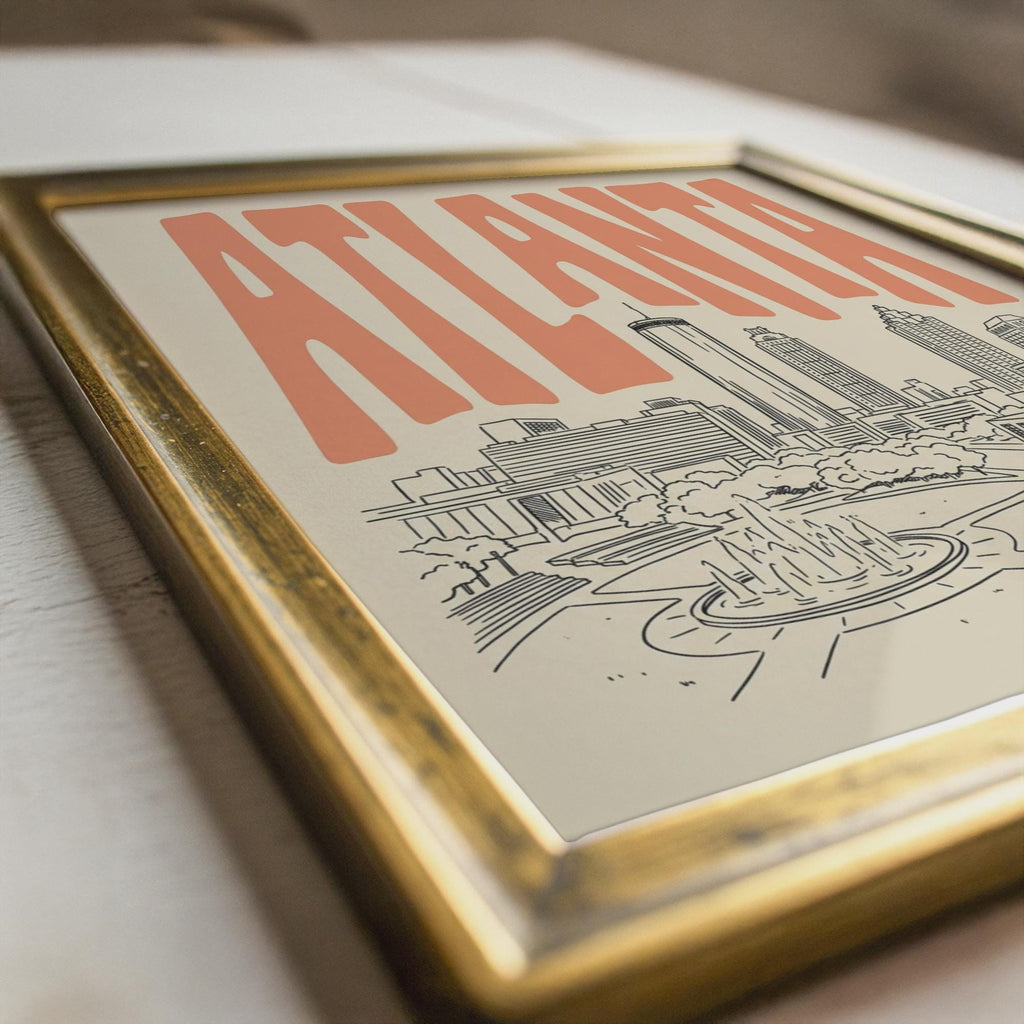 Atlanta Skyline Wall Art, Framed Canvas Print, Retro City Line Art Decor