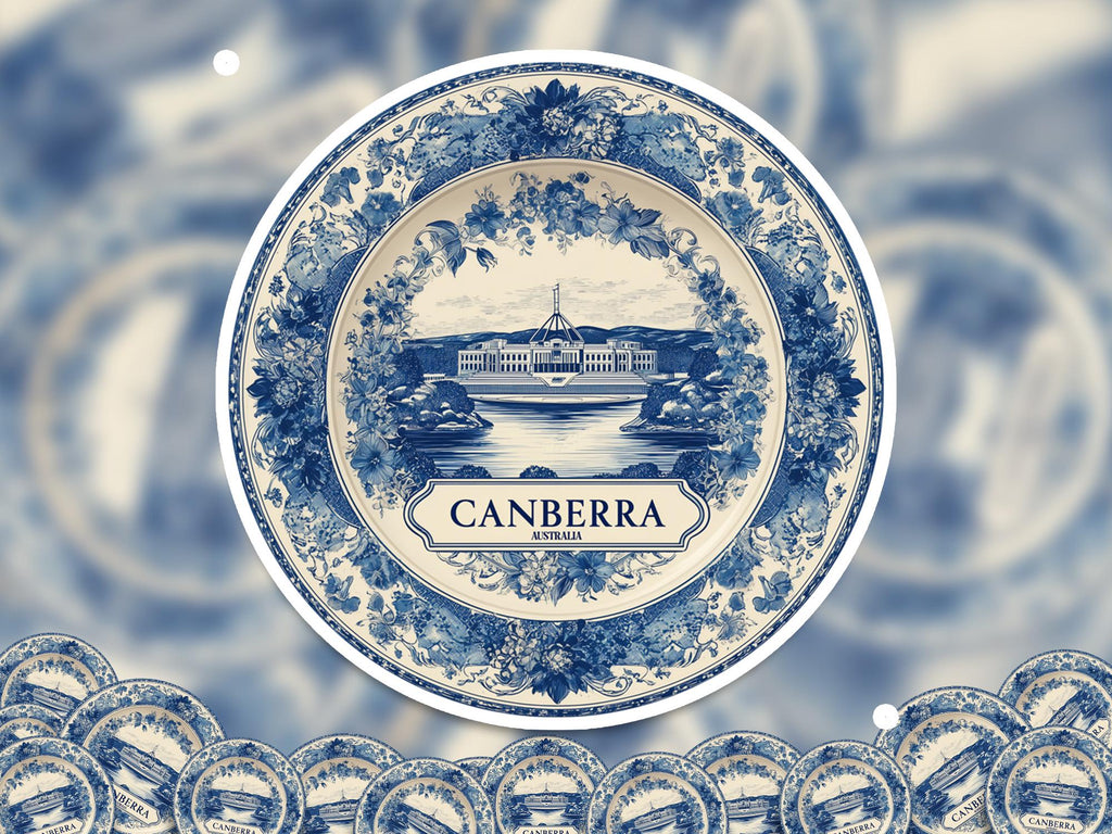 Canberra Australia Sticker Vintage Delft style, Delftware Decal Waterproof Vinyl, Blue City Travel