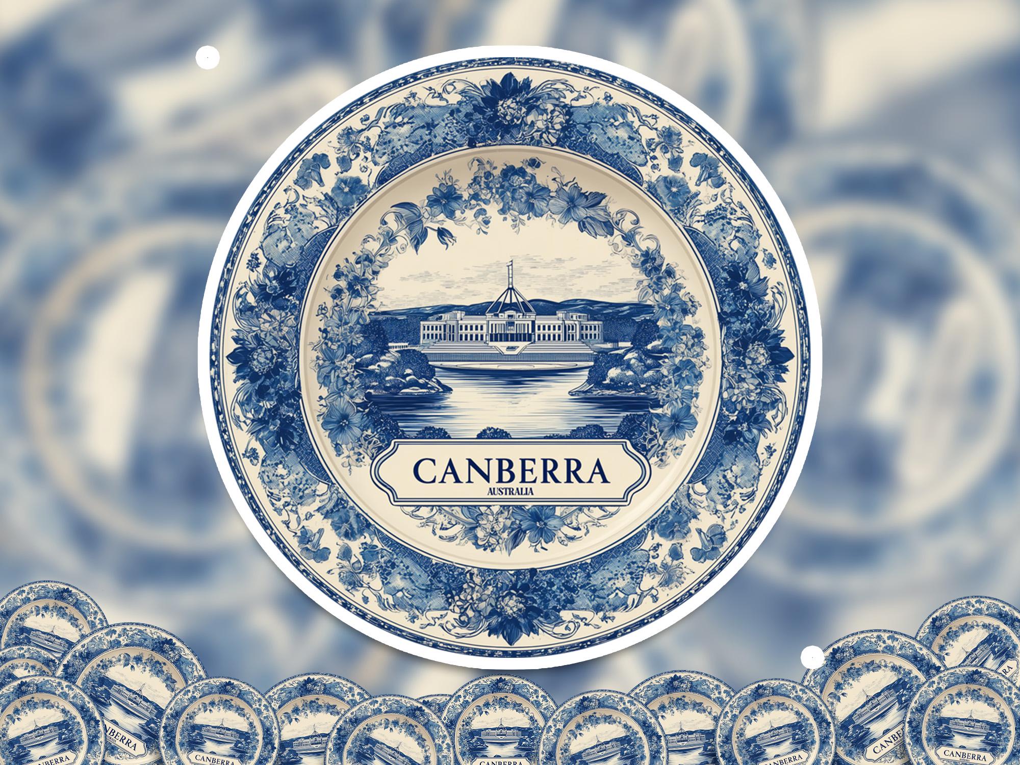 Canberra Australia Sticker Vintage Delft style, Delftware Decal Waterproof Vinyl, Blue City Travel