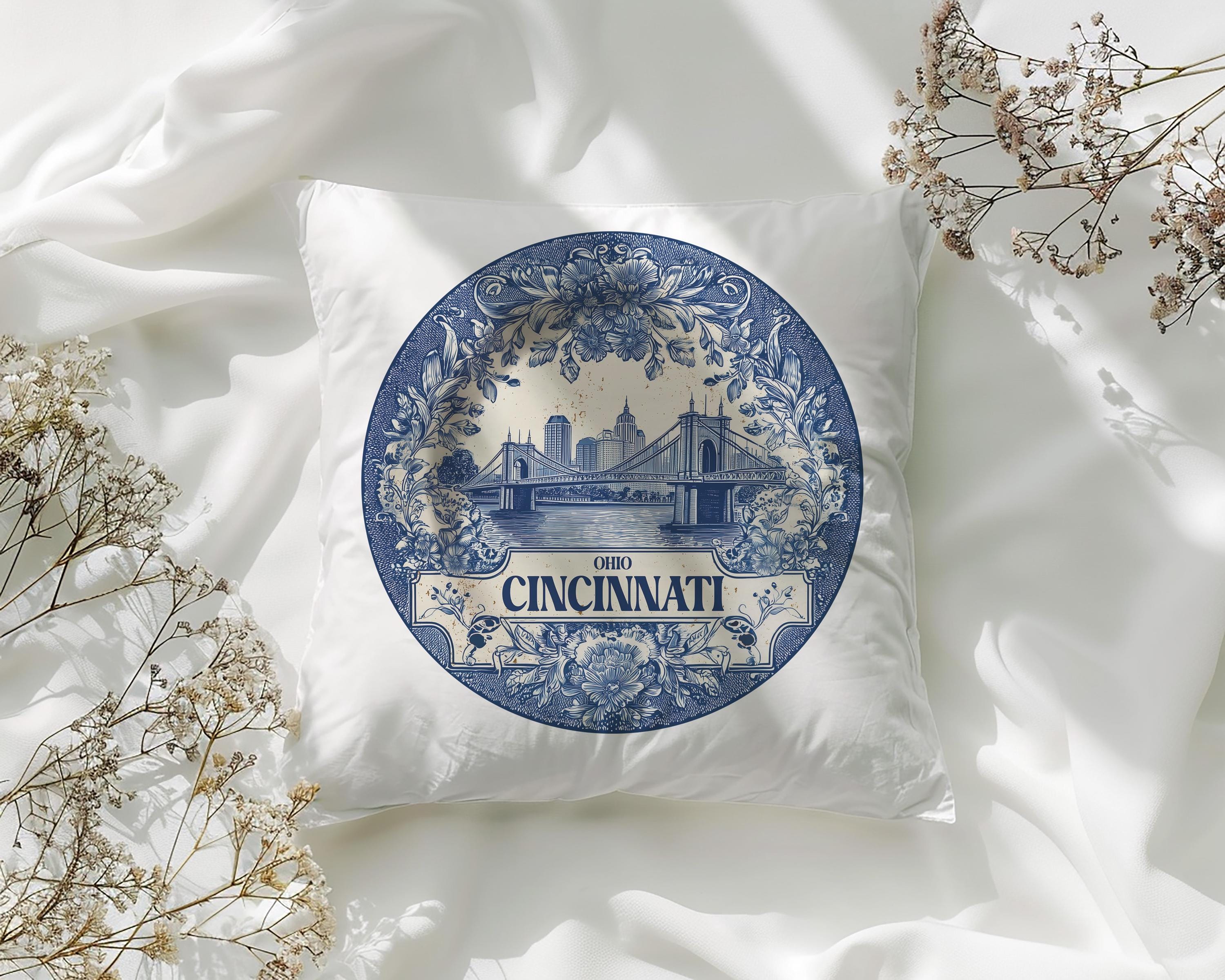 Cincinnati Ohio Pillowcase, Delft Style Decorative Throw Pillow, Vintage Cityscape Retro Home Decor