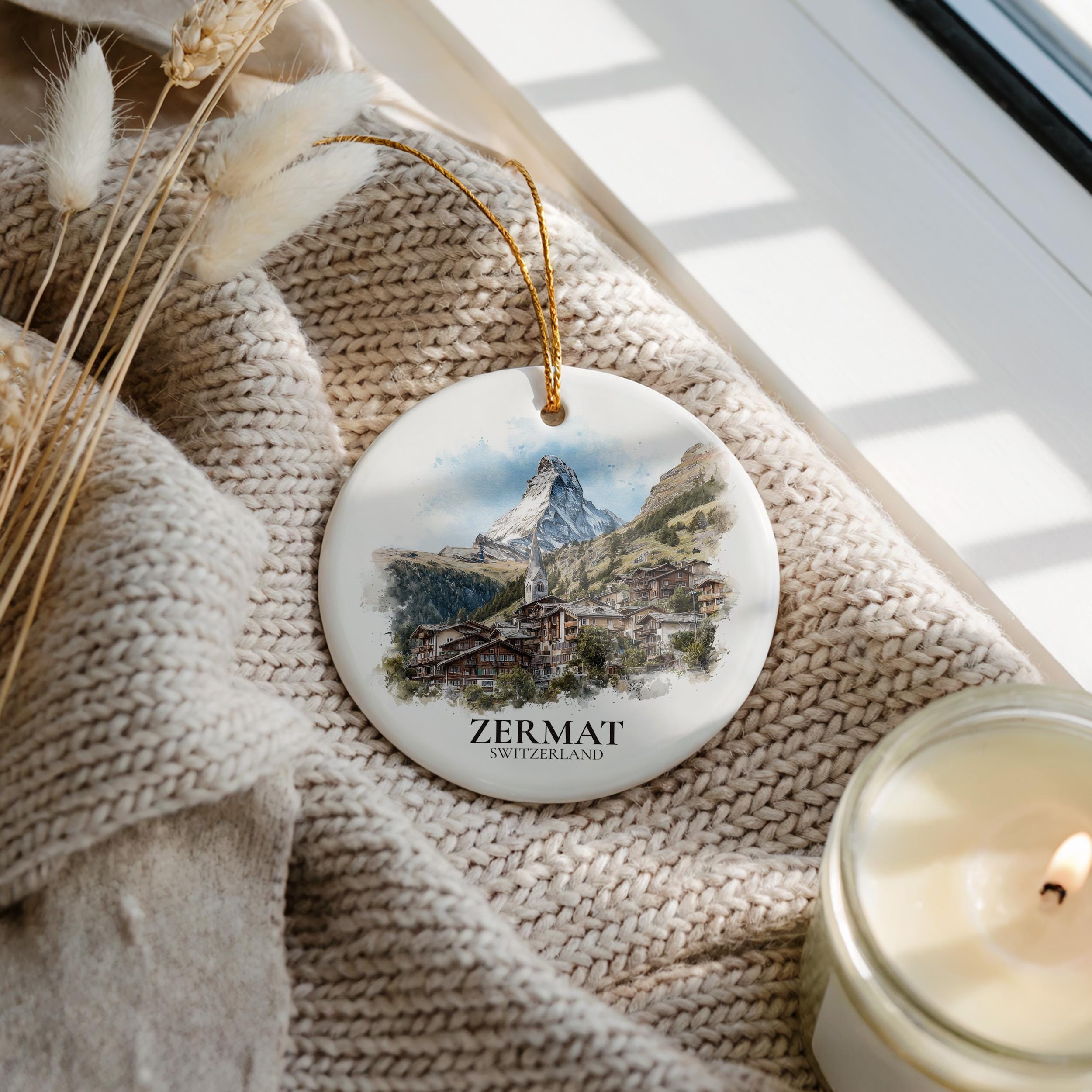 Zermatt Switzerland Personalized Watercolor Ornament, Custom Ceramic Christmas gift, Travel Keepsake