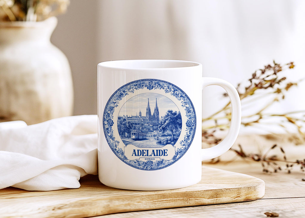 Adelaide Australia Mug, Custom Delft Style cup, Personalized Vintage Travel City Gift