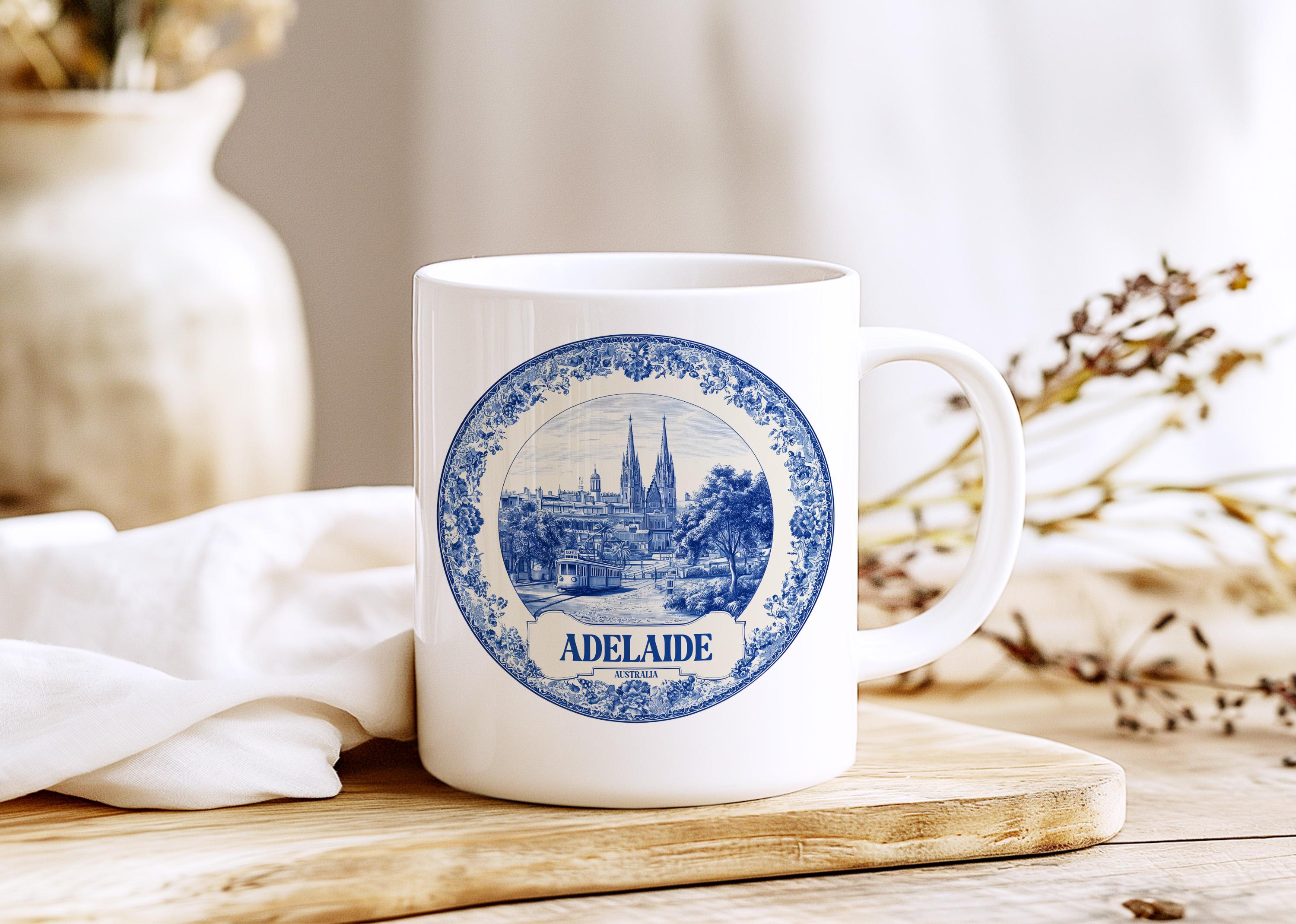 Adelaide Australia Mug, Custom Delft Style cup, Personalized Vintage Travel City Gift