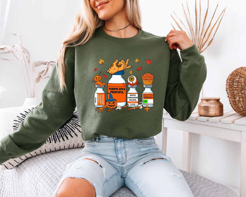 Halloween Nurse Sweatshirt, Gift For Nurse, RN,  Nurse Pills Shirt, Pumpkin Spice Propofol, Spooky Season Nurse Tee
