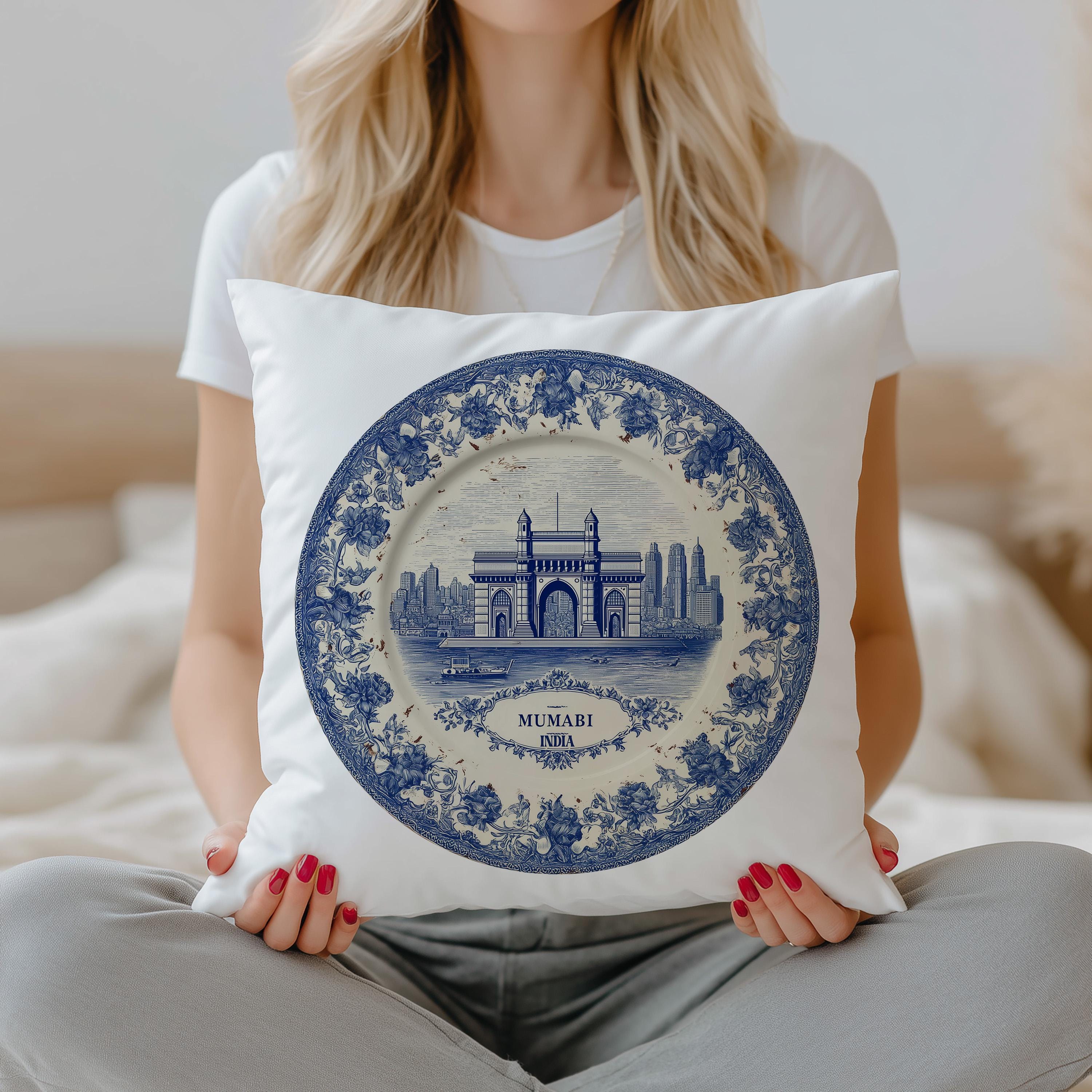 Mumbai India Pillowcase, Delft Style Decorative Throw Pillow, Vintage Cityscape Retro Home Decor