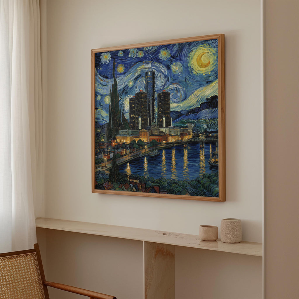 Detroit Michigan Starry Night Wall Art, Van Gogh Print, Travel Gift Home Decor