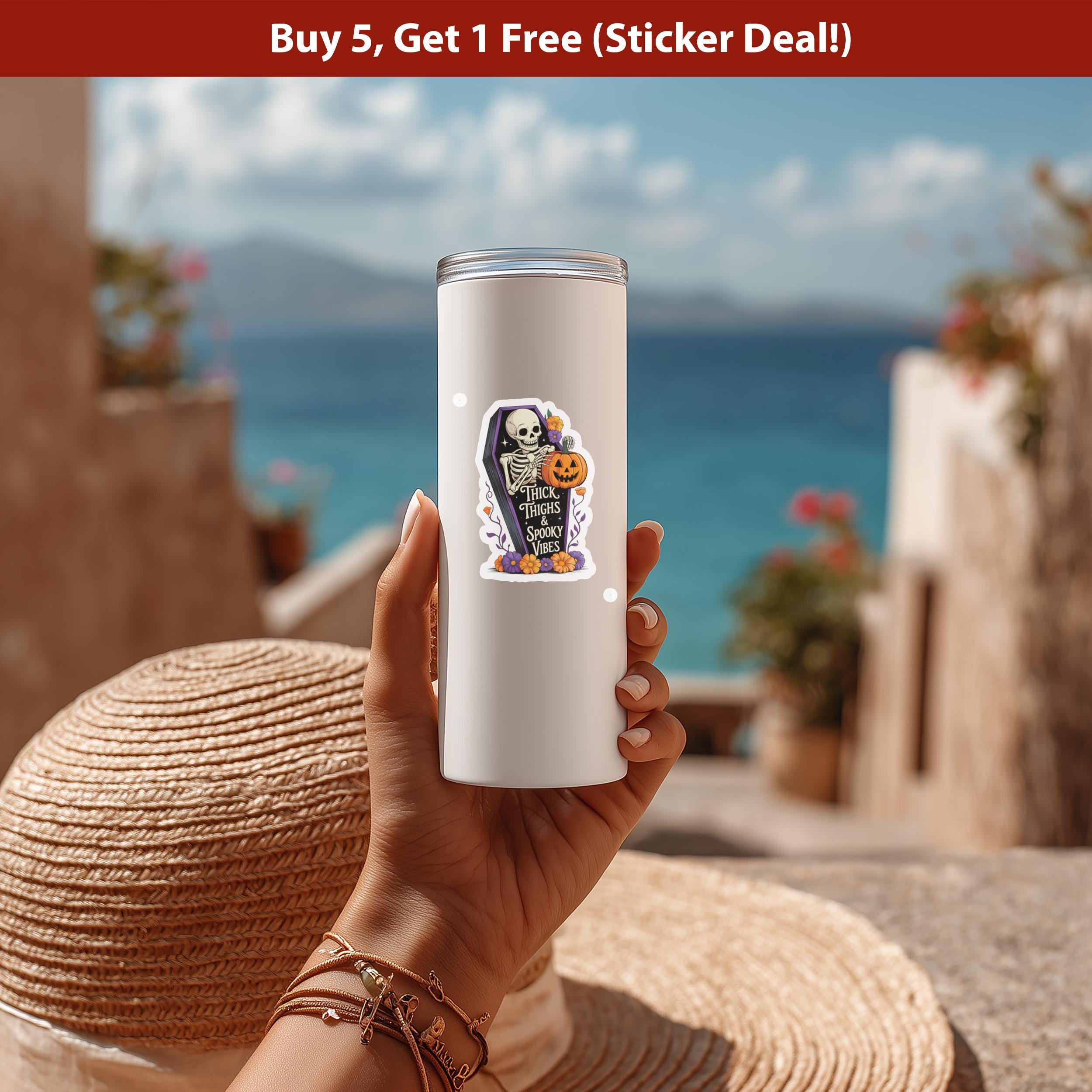 Thick Thighs & Spooky Vibes Sticker, Halloween Spooky Kiss-Cut Vinyl, Skeleton Waterproof Decal