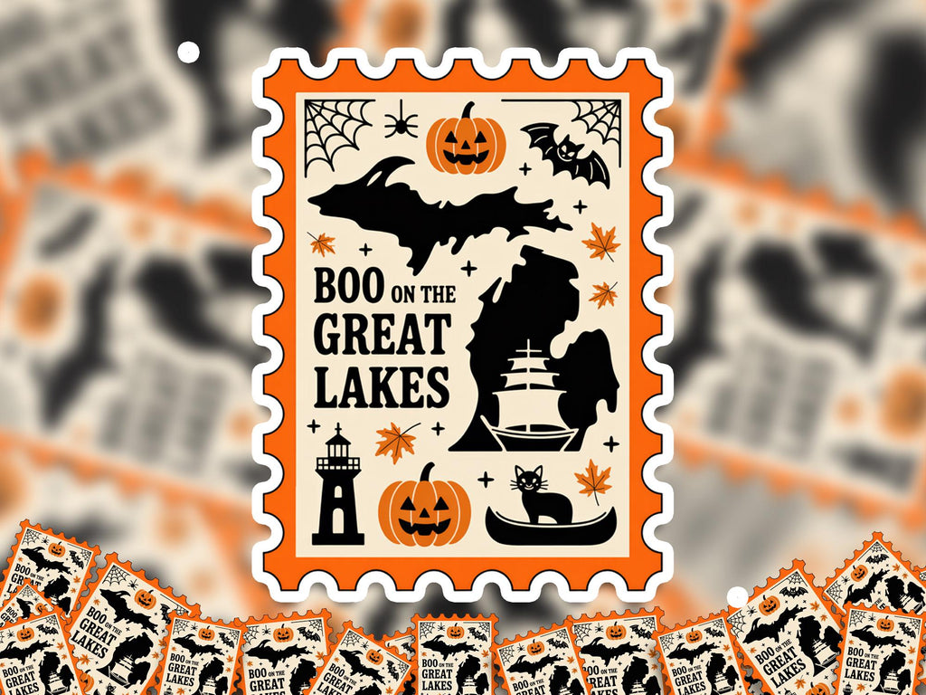 Michigan Stamp Halloween Sticker, Spooky USA Kiss-Cut Vinyl, Waterproof Decal, United States Travel