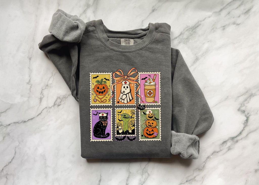 Halloween Tarot Card Sweatshirt, Witchy Nurse Fall Pullover with Pumpkin Cat Skeleton Prints, Spooky Vintage Top, Cozy Retro Gift