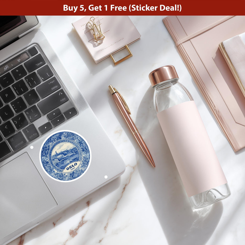 Oslo Norway Sticker Vintage Delft style, Delftware Decal Waterproof Vinyl, Blue City Travel